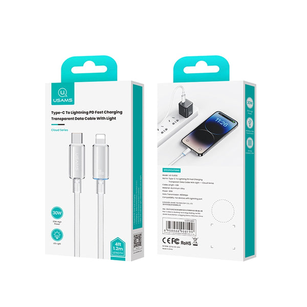 USAMSUS-SJ659 Type-C To Lightning PD Fast Charging Transparent Data Cable With Light--Cloud Series 1.2M