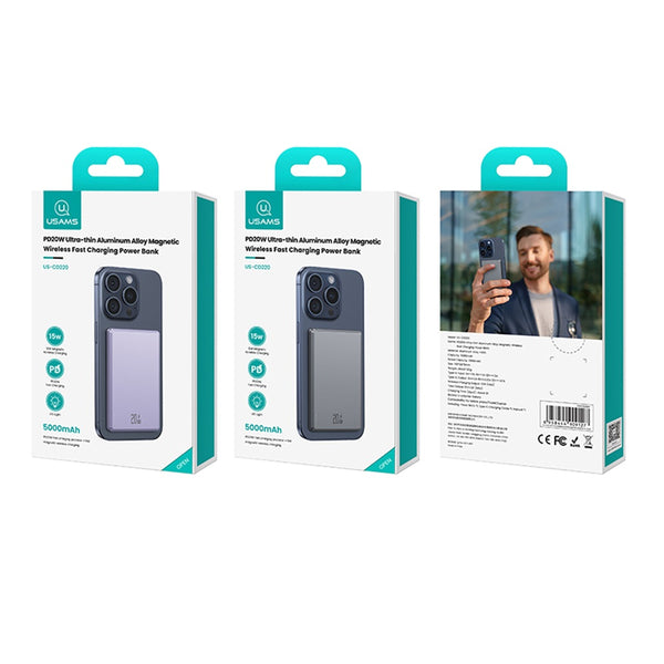 USAMS US-CD220 PD20W Ultra-thin Aluminum Alloy Magnetic Wireless Fast Charging Power Bank 5000mAh