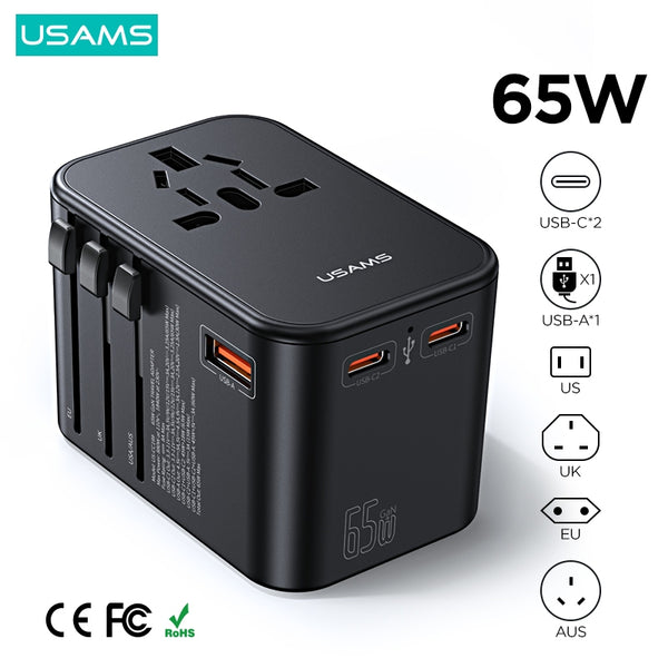 USAMS US-CC199 T62 65W Dual Type-C+USB Universal Travel Charger (US/AU/UK/EU)