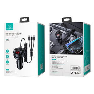 USAMS US-CC219 C41 30W Car Charger With 2IN1 Retractable Cable  Type-C+Lightning