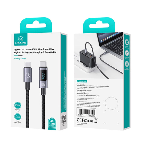 USAMS US-SJ671 Type-C To Type-C 100W Aluminum Alloy Digital Display Fast Charging & Data Cable -Sufeng Series 1.2m