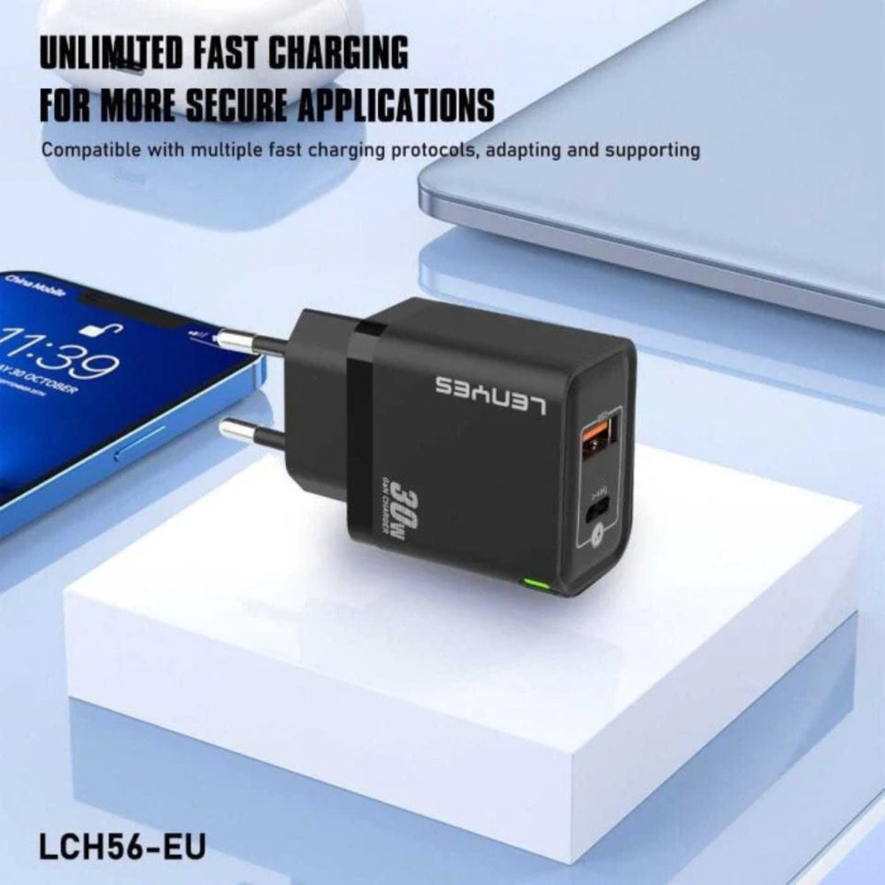 LENYES GaN 30W Charger Fast Charging USB + Type-C LCH56