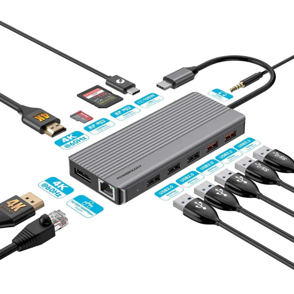 Powerology 12in1 USB-C Hub HDMI Type-C 100W PD