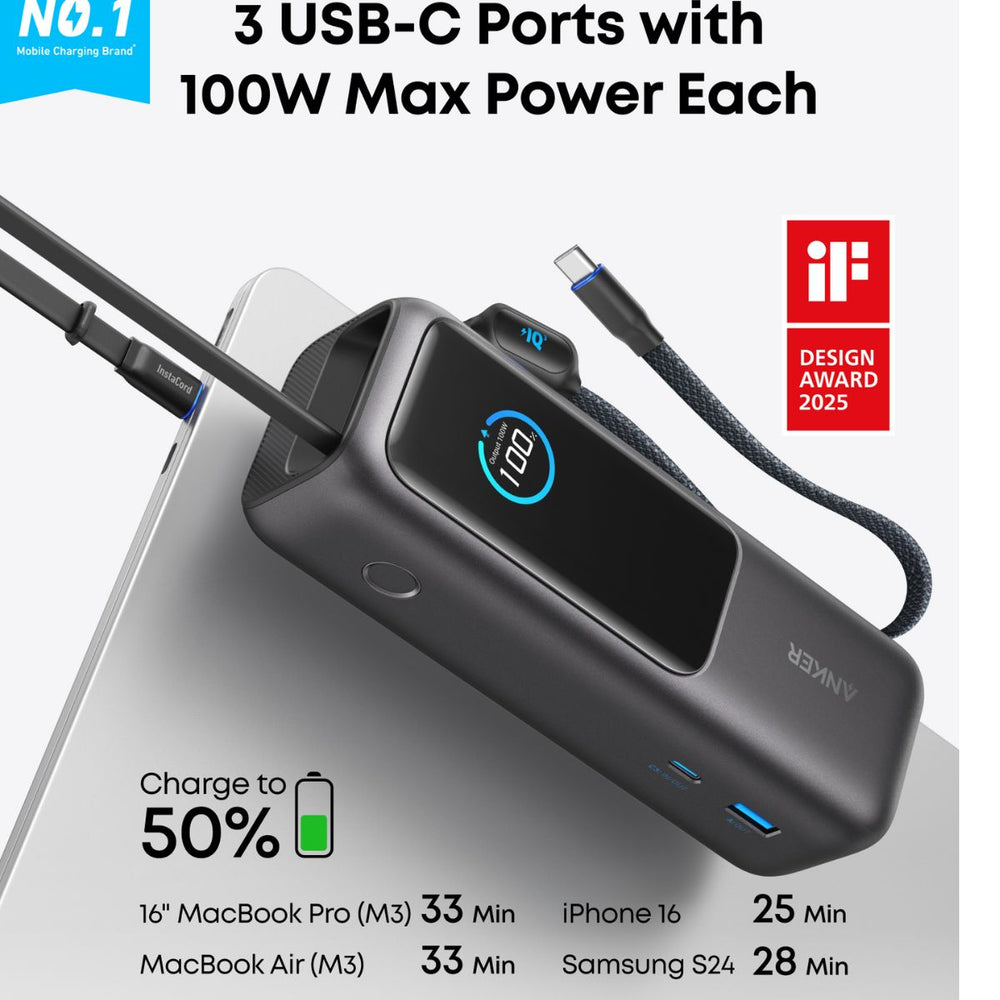 ANKER Power Bank (25K, 165W, Built-In USB-C and Retractable Cable) A1695H11