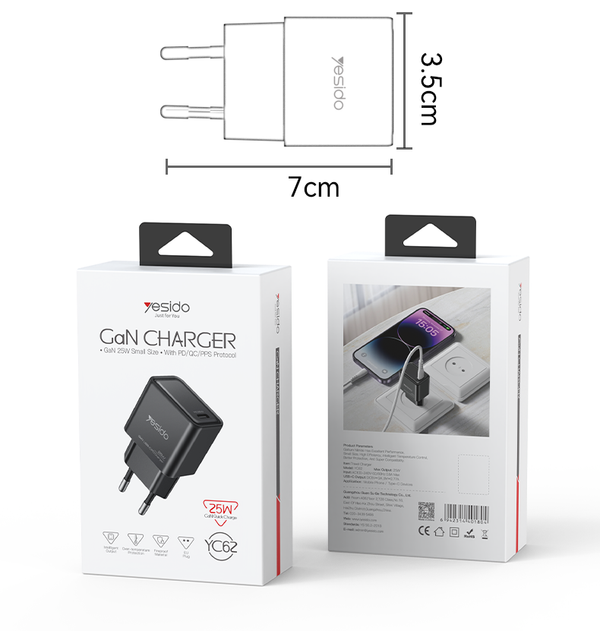 Yesido YC62 Portable 25W PD Low Temperature Fast Charging GaN Fast Charger