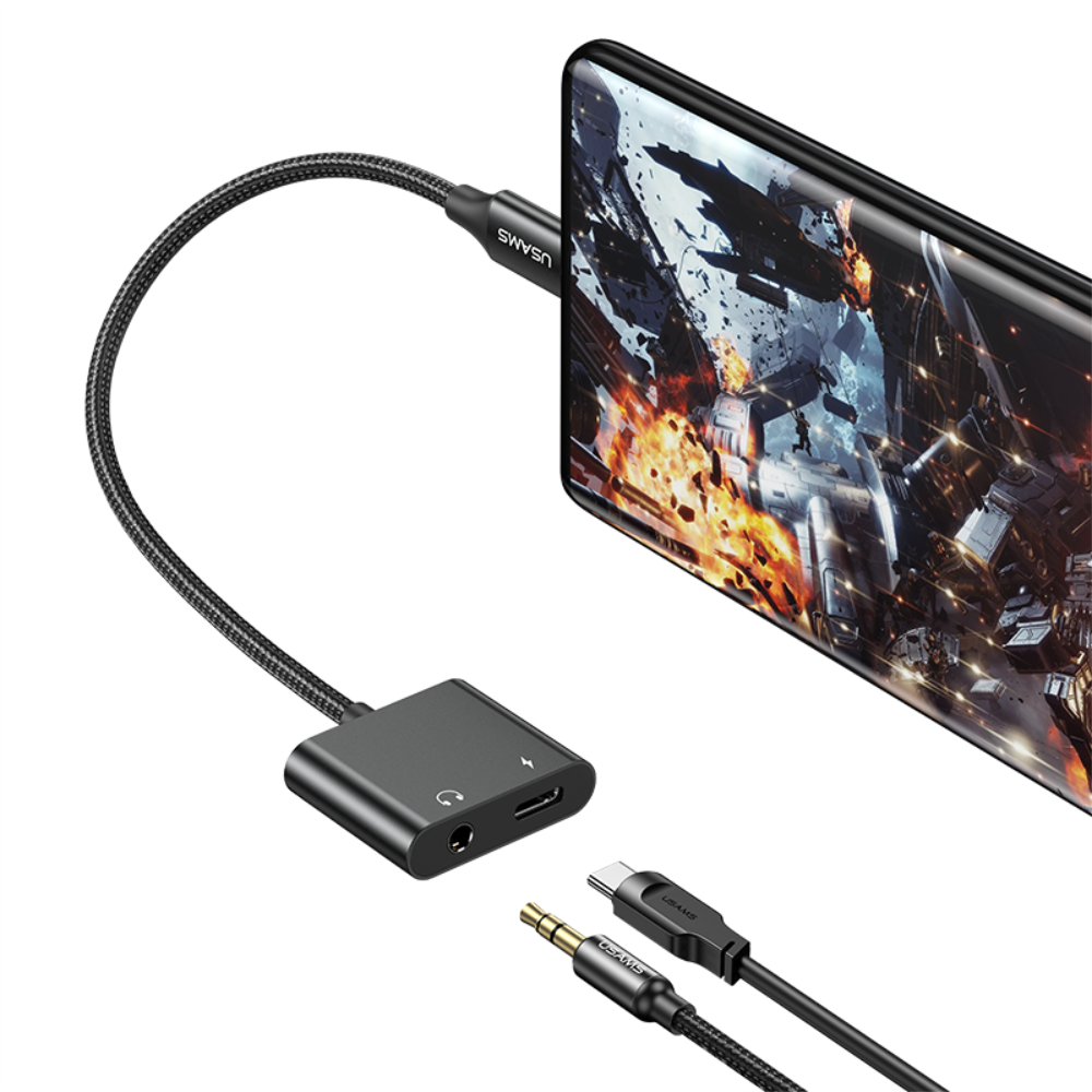 USAMS US-SJ598 AU15 Type-C to 3.5DC Audio Adapter With PD 60W Charging Port