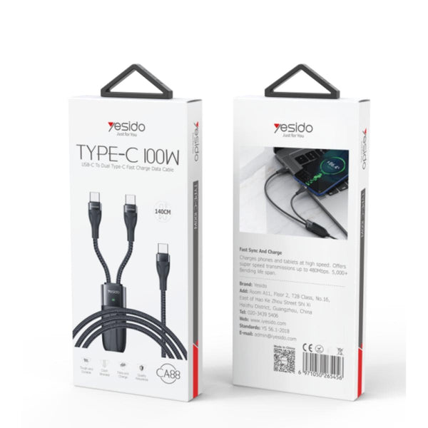 YESDIDO CA88 2-in-1 Type-C to Dual Type-C 100W Charging Cable