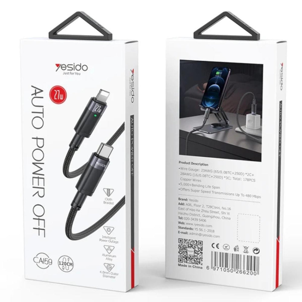 YESIDO CA159 Smart Auto Cut-Off Lightning PD Charging Cable