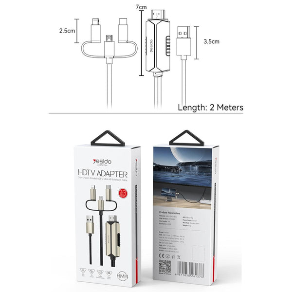 YESIDO HM14 Max 3-in-1 Lightning/Micro/Type-C to HDMI Cable