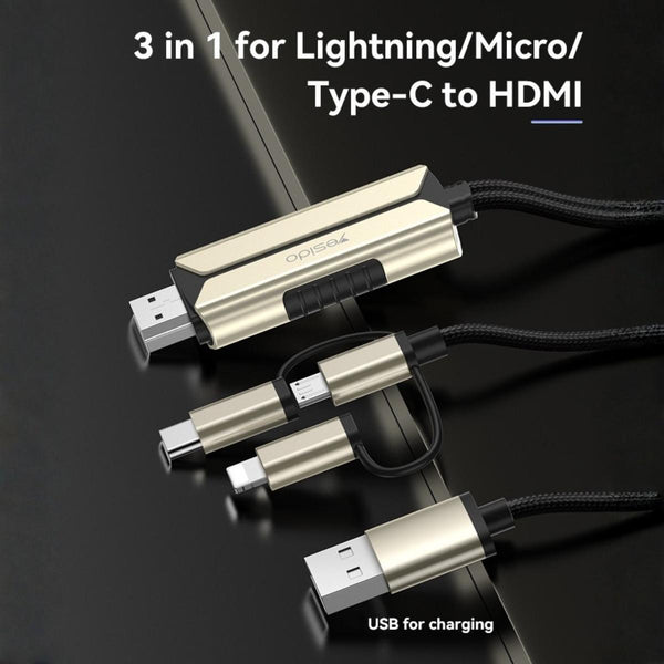 YESIDO HM14 Max 3-in-1 Lightning/Micro/Type-C to HDMI Cable