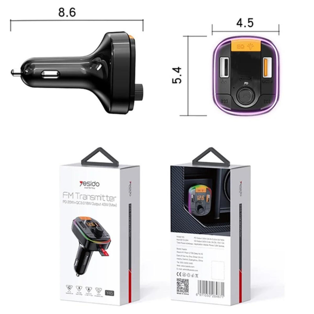 YESIDO Y45 Bluetooth 5.0 FM Transmitter Car Charger