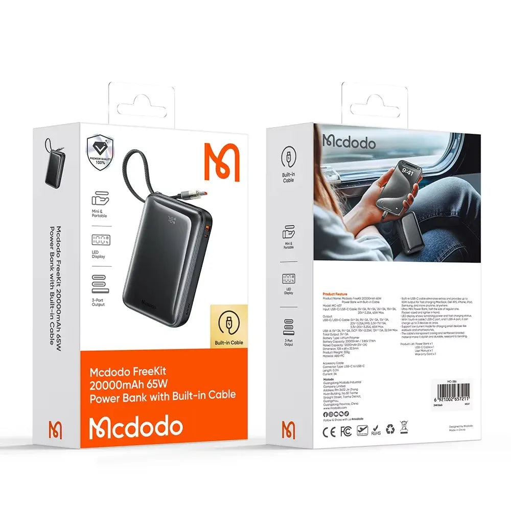 MCDODO   MC-6370  5W Digital Display 20000mAh 1C+1A Mini Power Bank Built-in Cable
